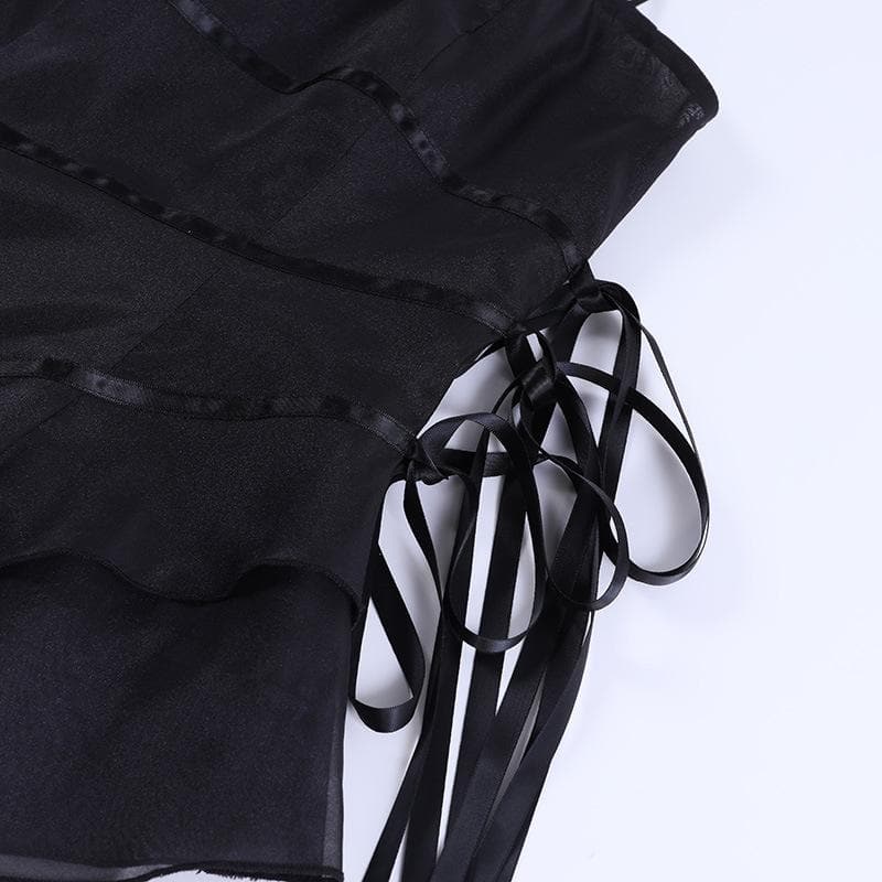 Halter ruffle irregular ribbon sheer mesh mini dress  | samba dress