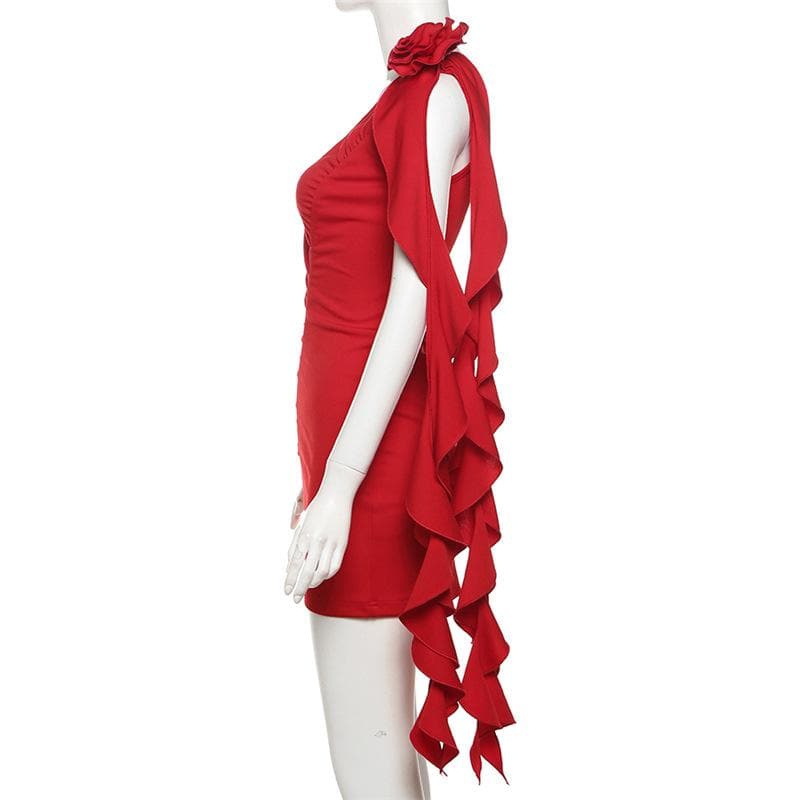 One shoulder flower applique ruched ruffle solid backless mini dress  | red tango dress
