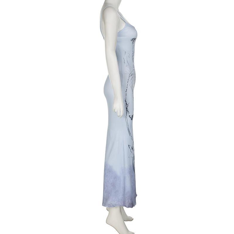 Print tie dye backless cami maxi dress