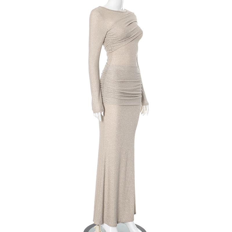 Long sleeve crewneck ruched glitter maxi dress