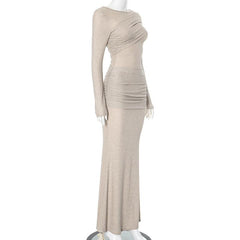 Long sleeve crewneck ruched glitter maxi dress