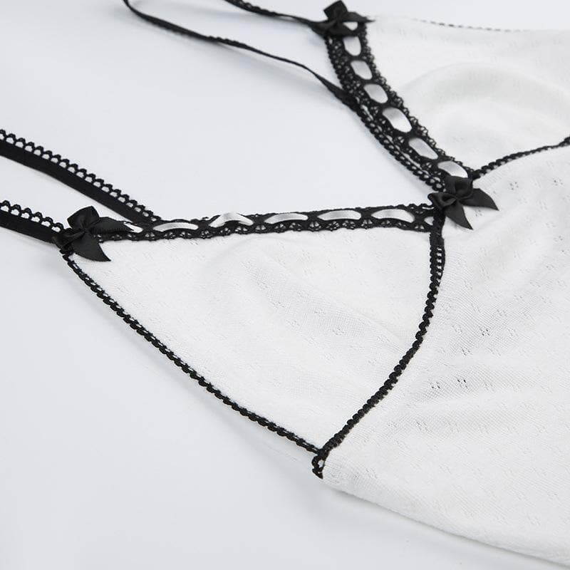 V neck bowknot lace hem backless cami top