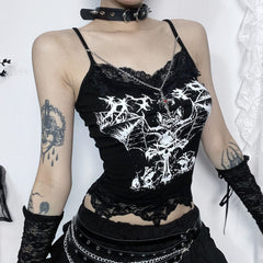 V neck abstract bat print lace hem cami top