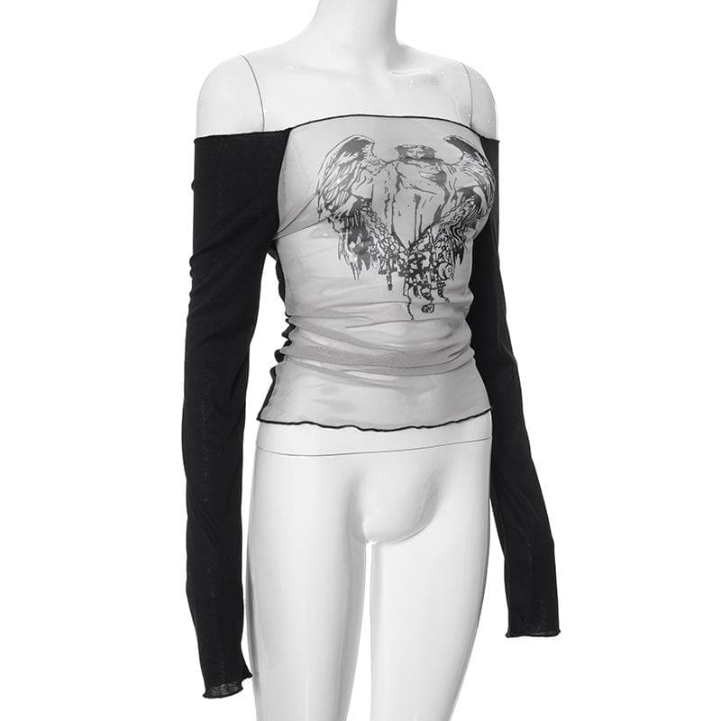 Long sleeve off shoulder ruched sheer mesh Jesus print top