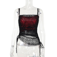 Lace drawstring ruched patchwork cami top