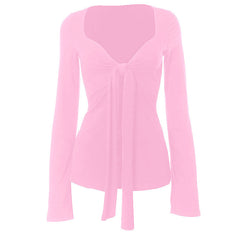 Long flared sleeve v neck ruched top