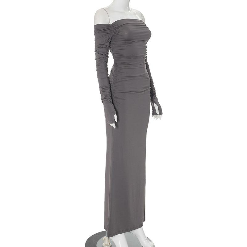 Off shoulder long sleeve slit ruched maxi dress