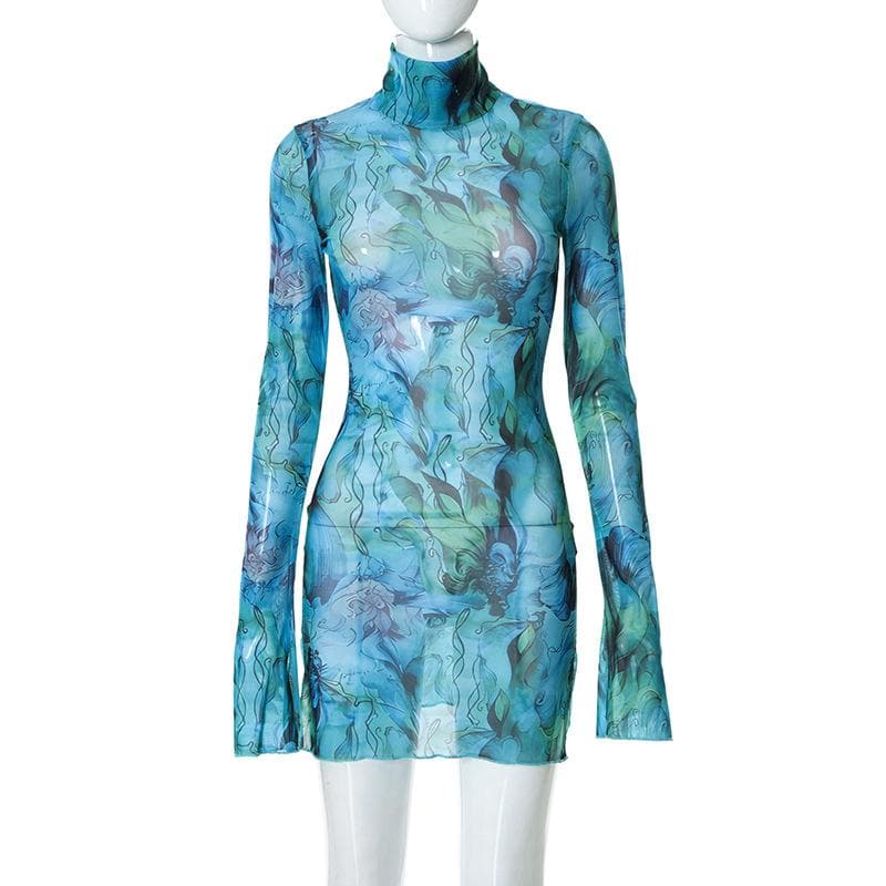 Sheer mesh see through print high neck slit long sleeve mini dress  | samba dress