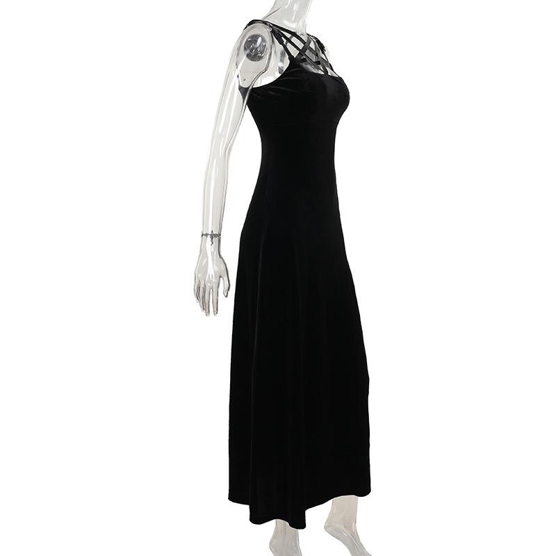 Velvet high slit pentacle pattern buckle cami maxi dress