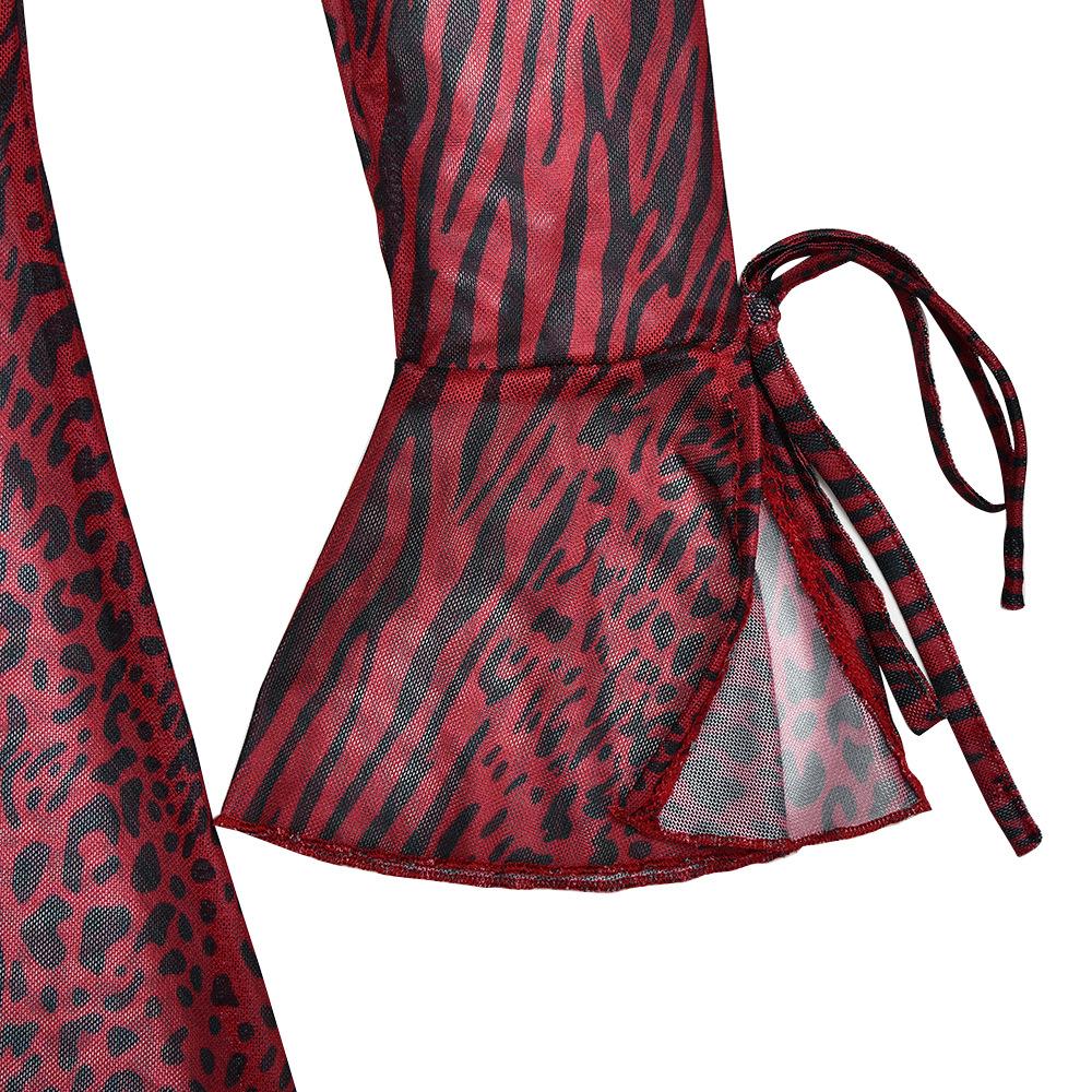 Long flared sleeve tiger print sheer mesh backless maxi dress  | red tango dress  | samba dress