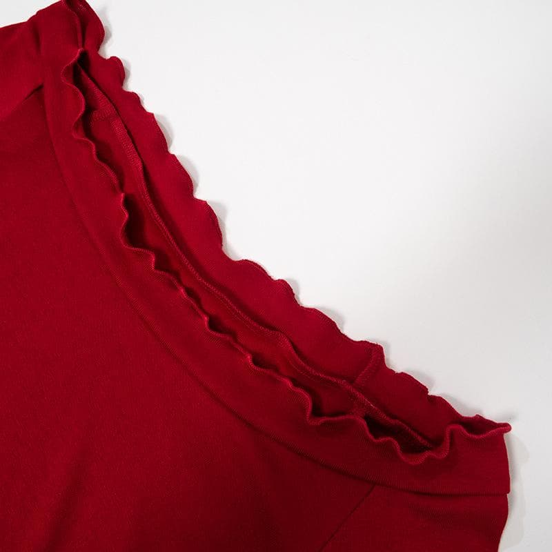 Ruffle solid long sleeve irregular off shoulder mini dress  | red tango dress