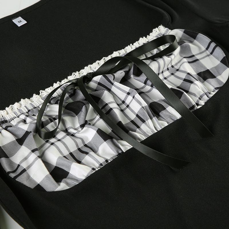 Long sleeve square neck plaid self tie top