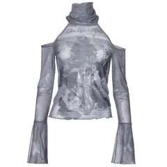 Long flared sleeve high neck sheer mesh print off shoulder top