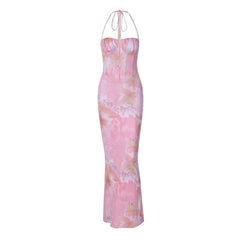 Halter print ruched bustier high slit knotted maxi dress