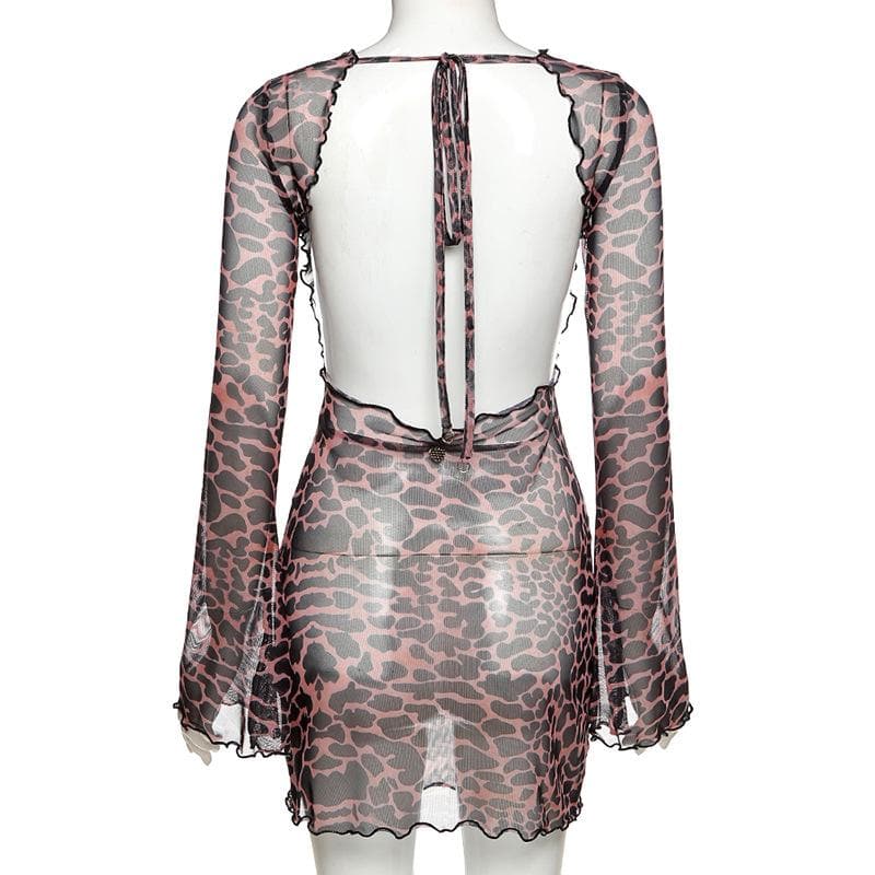 Sheer mesh leopard print contrast see through self tie backless mini dress  | samba dress