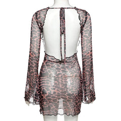 Sheer mesh leopard print contrast see through self tie backless mini dress  | samba dress