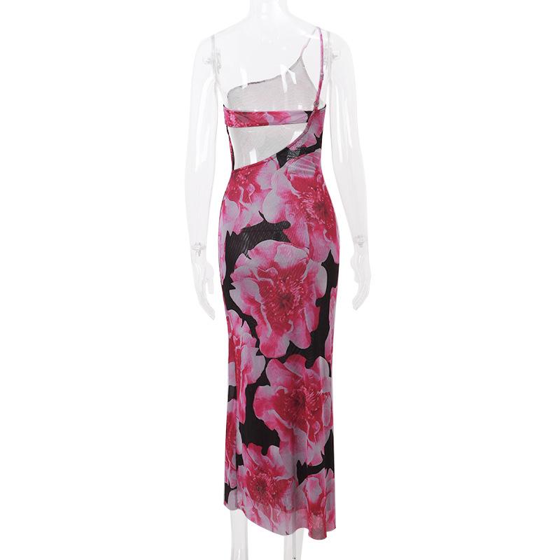 One shoulder irregular flower print cami midi dress