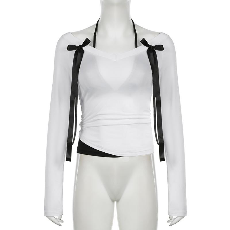 Halter v neck long sleeve bowknot top