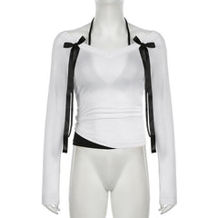 Halter v neck long sleeve bowknot top