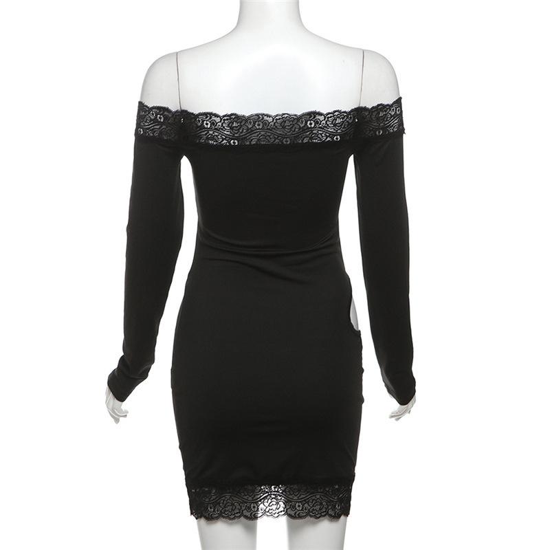 Long sleeve off shoulder lace hem hollow out mini dress