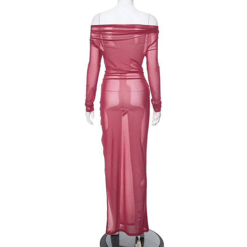 Long sleeve off shoulder sheer mesh ruched slit maxi dress  | red tango dress  | samba dress