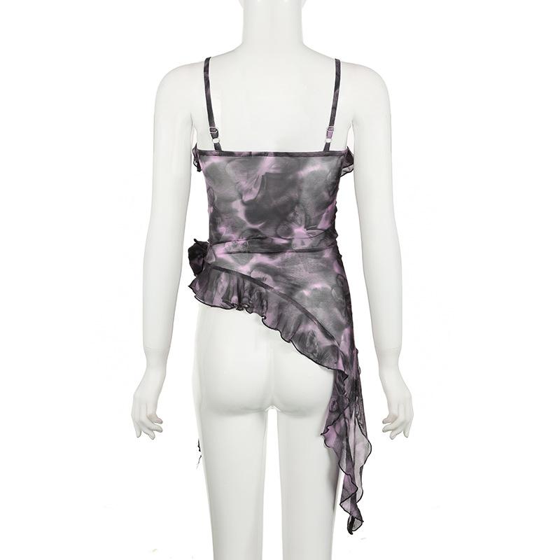 Ruffle sheer mesh print flower applique cami top