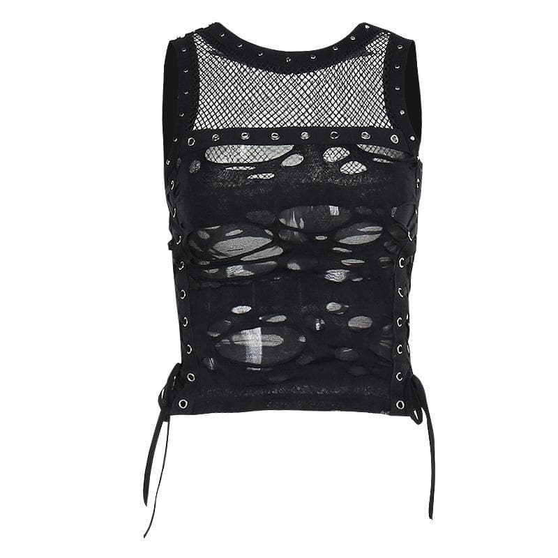 Crewneck fishnet buckle hollow out lace up tank cut out top