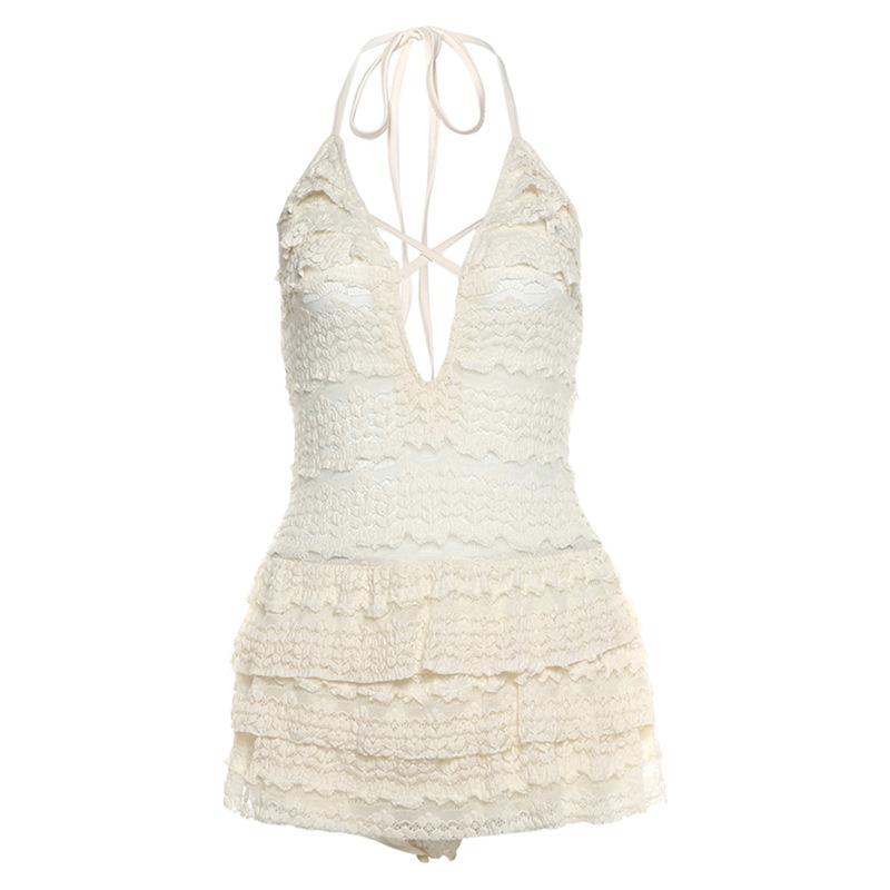 Halter self tie see through v neck hollow out mini dress