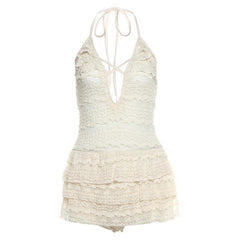 Halter self tie see through v neck hollow out mini dress