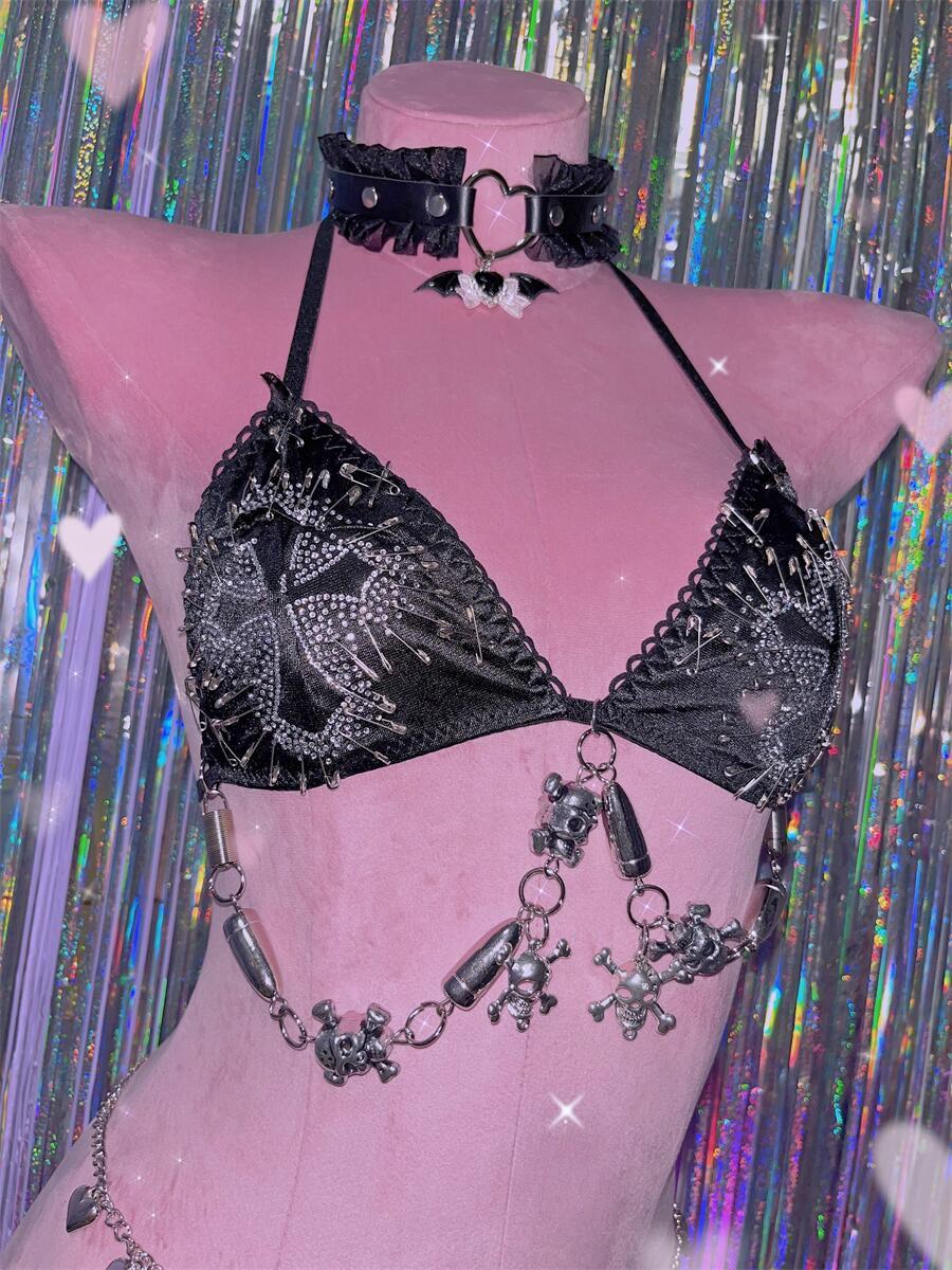 Halter beaded metal applique cross pattern pant set