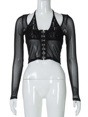 Halter long sleeve mesh lace hem button top