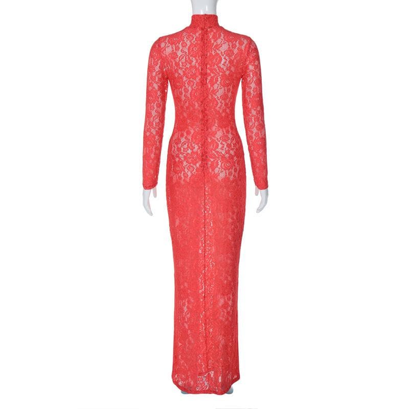 Long sleeve high neck see through lace maxi dress  | red tango dress