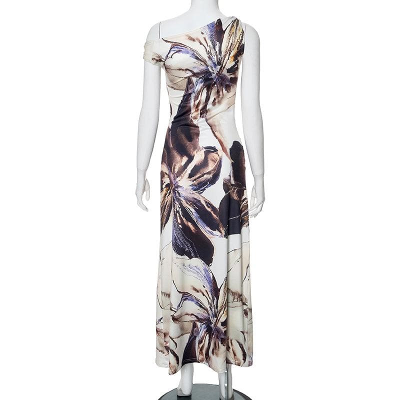Off shoulder abstract print ruched maxi dress