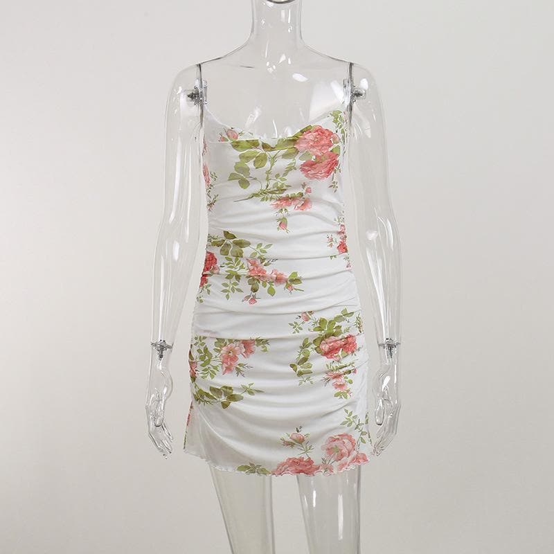Cowl neck sheer mesh flower print ruffle cami mini dress  | samba dress