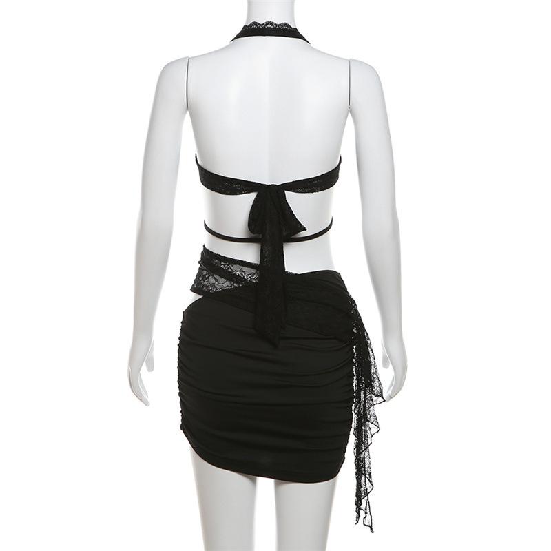 Halter deep v neck patchwork lace ruffle mini skirt set