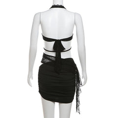 Halter deep v neck patchwork lace ruffle mini skirt set