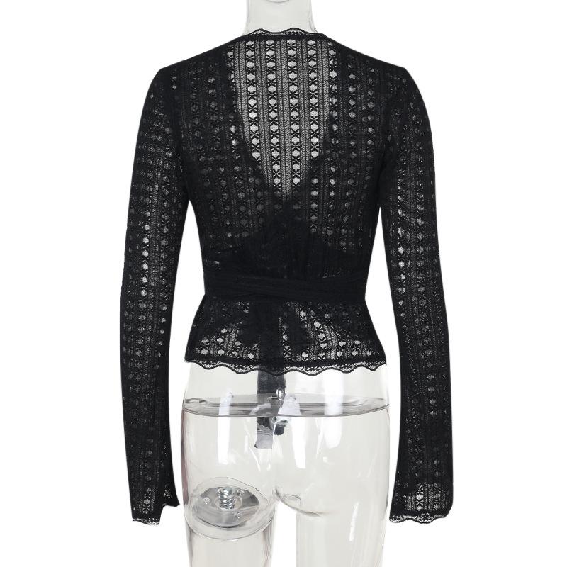 Long flared sleeve v neck lace hem knotted top