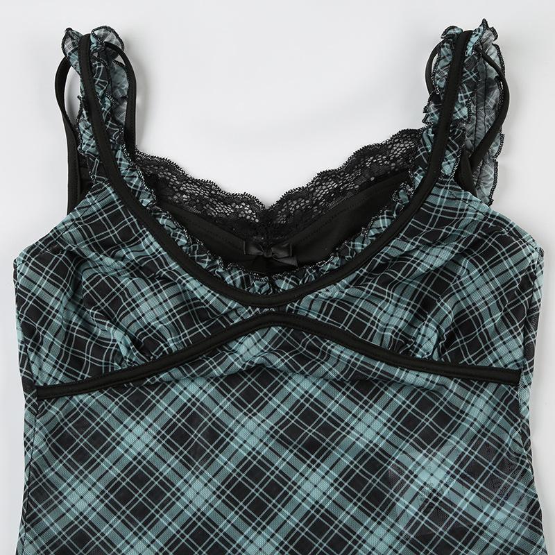 Plaid lace hem patchwork stitch mesh ruffle cami top