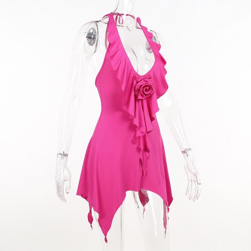Halter flower applique backless ruffle u neck solid mini dress  | red tango dress