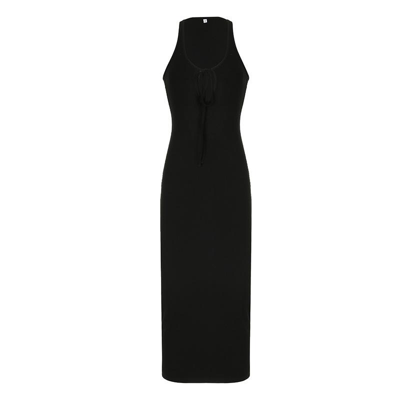 U neck self tie hollow out solid maxi dress