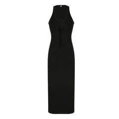 U neck self tie hollow out solid maxi dress