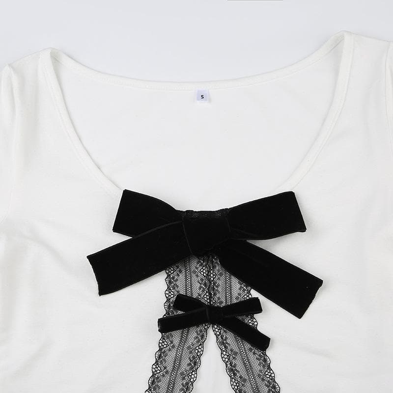 Long sleeve bowknot lace hem u neck slit top