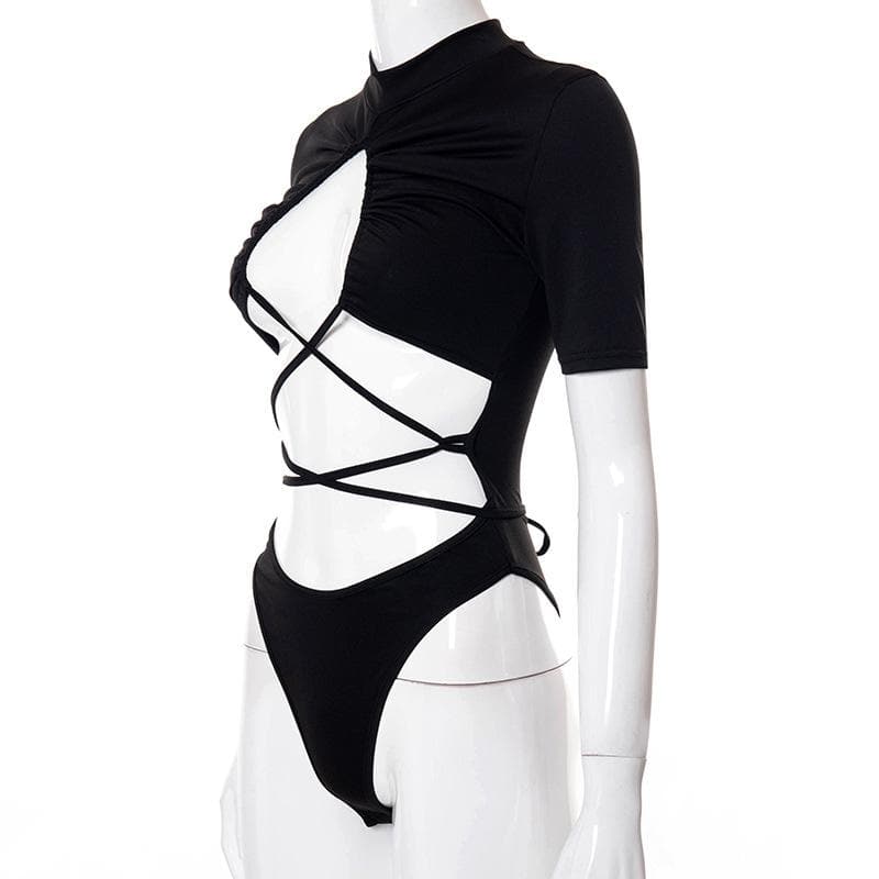 Short sleeve high neck ruched lace up hollow out bodysuit