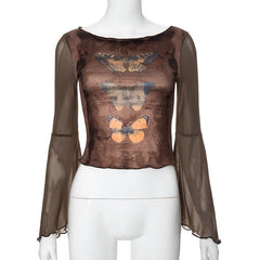 Long flared sleeve mesh patchwork butterfly pattern top