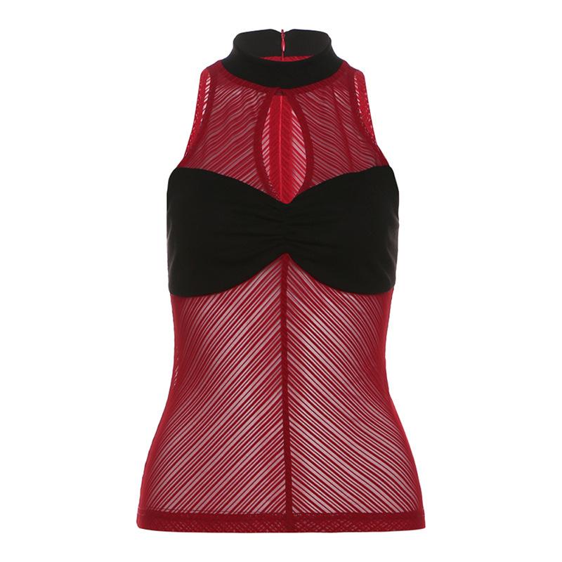 High neck ruched hollow out mesh zip-up tank top