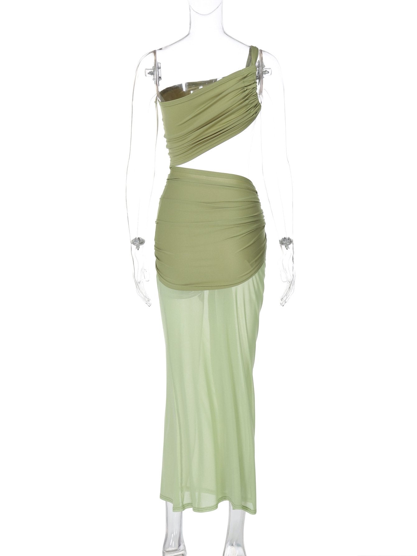 One shoulder ruched hollow out mesh maxi dress