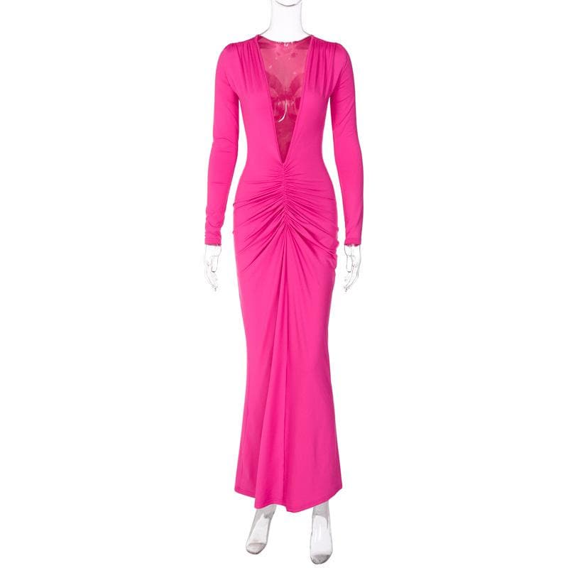 Ruched long sleeve v neck solid 2-way maxi dress  | red tango dress