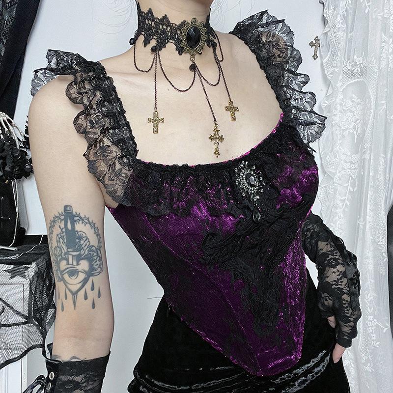 Velvet lace hem corset cami top