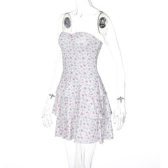 Print sweetheart neck rose applique ruched tube mini dress