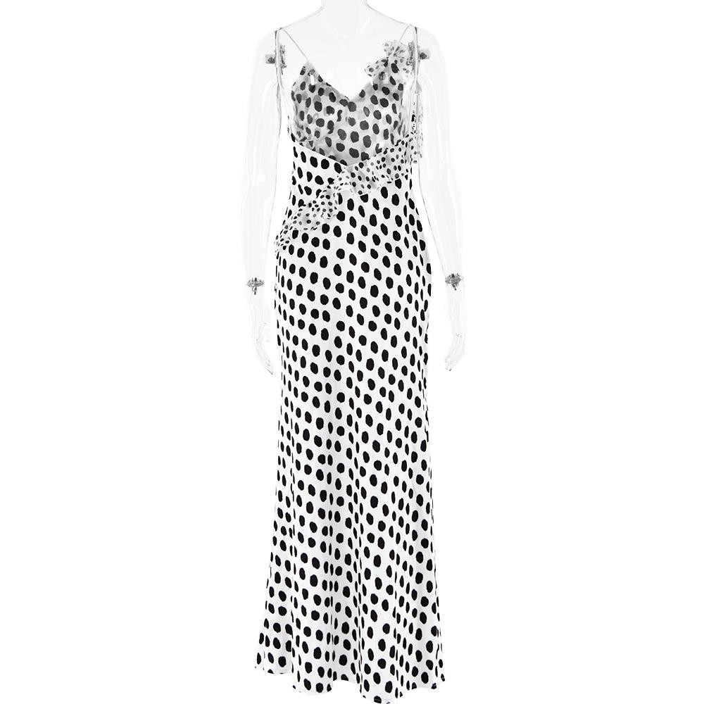 Polka dot flower applique ruffle cami maxi dress